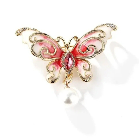 Butterfly Brooch Enamel Lapel Pin Red Rhinestones Gold Tone Description: Add a t - Picture 1 of 2